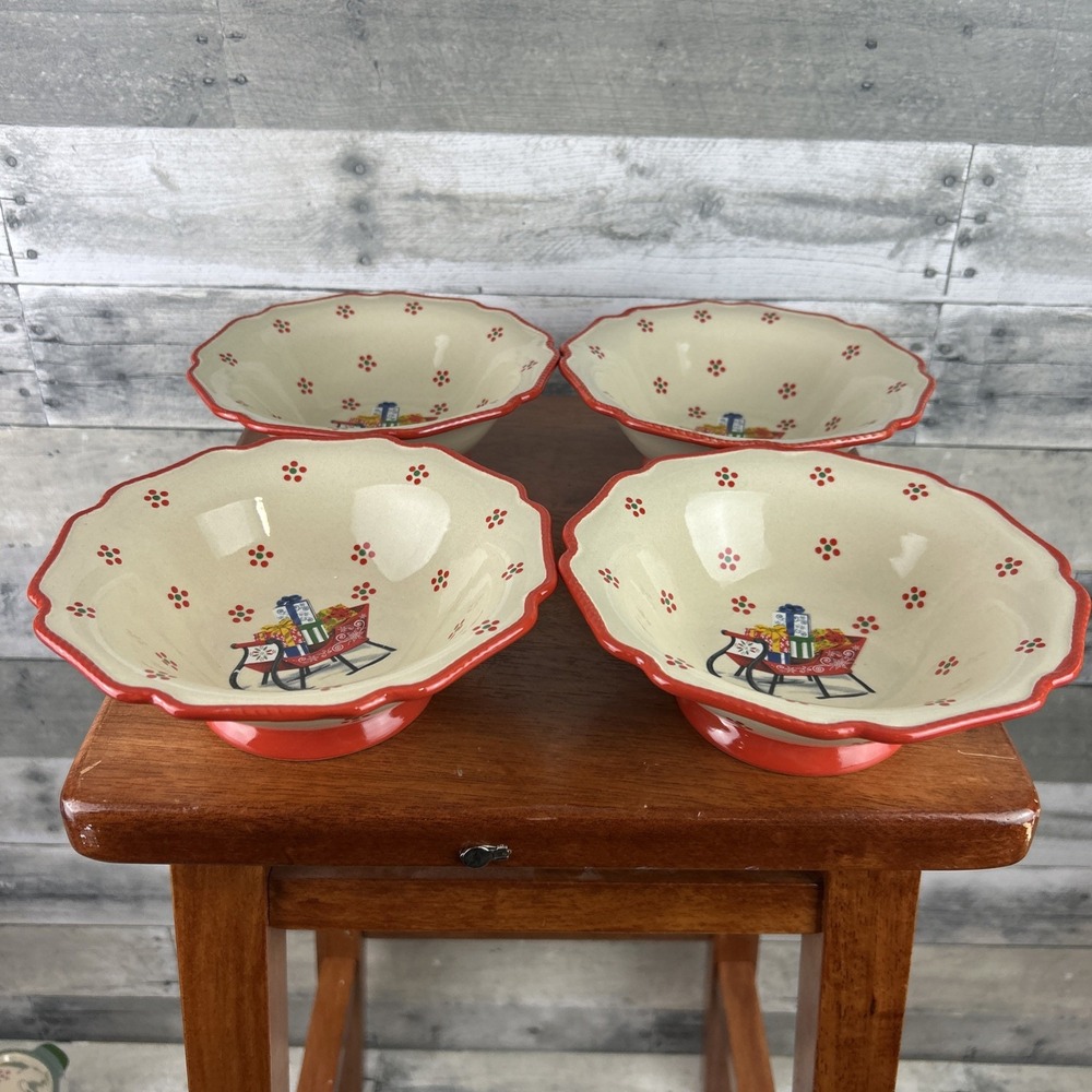 Temptations Tara Holiday Set of 4 Footed Soup/Cereal Bowls 7.5" Red Sleigh
